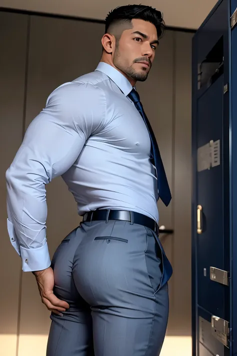 40-year-old boy Japanese muscular male in transparent navy blue formal shirt......... short haired, bearded, wearing light grey trouser ...........gooning seductive expression.................... dripping on body and pants...................., arching back...