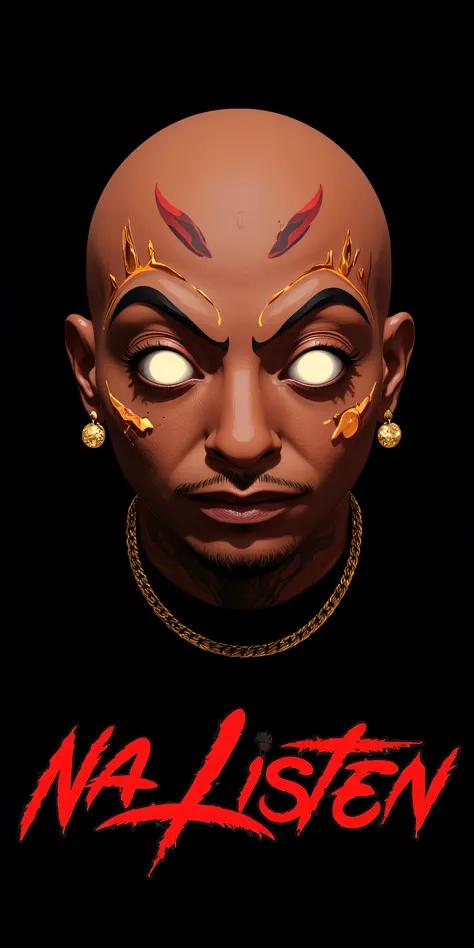 2D Character Nztykle Logo bold text that say “ Na Listen "::5.6 type glyphs and swooshes diamonds rubies and gems::6.8 Minneapolis Minnesota cityscape 🌆 colors red and orange, 3D animated Bald Character Nztykle Male, Ultra realistic full body shot of the r...