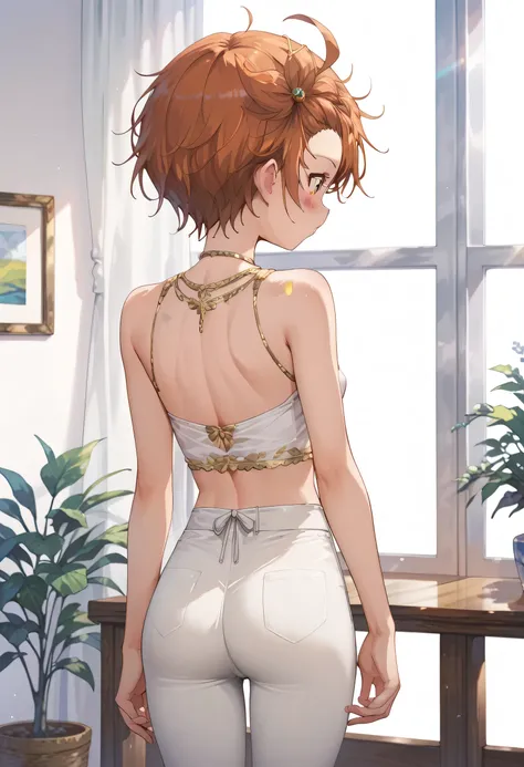 An image of Inori Yuitsuka blushing, flat breasts and a thin waist., sleeveless blouse and tight pants standing in a room, Back view