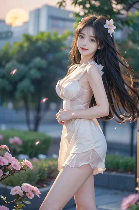 tohkacos,tohkaastral ,,(knee shot:1.3), (from below:1.3), A stunningly beautiful woman standing gracefully,(Night, moonlight, fireflies, blue plasma flames),  (elegant standing pose:1.2), (seductive leg pose:1.3), (Full bust, visible cleavage, Very short h...
