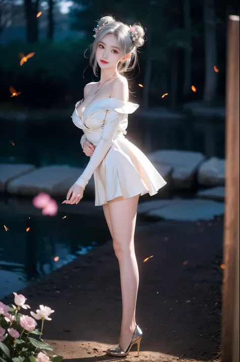 1girl,silver hair,off shoulder,red eyes,long hair,double bun,hair ornament,necklace, ,,(knee shot:1.3), (from below:1.3), A stunningly beautiful woman standing gracefully,(Night:1.3, moonlight:1.2, fireflies, blue plasma flames),  (elegant standing pose:1....