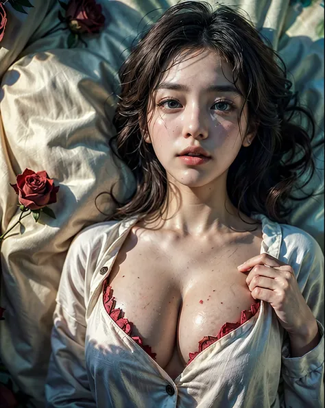 top-quality close-up portrait, movie poster style, ((Beautiful korean girl, wearing thin big sized button pajamas, oversized, longsleeve, cotton, bottomless):1.5), bewitching face, ((idols likeness):1.4), ((beautiful detailed eyes, round big eyes, beautifu...