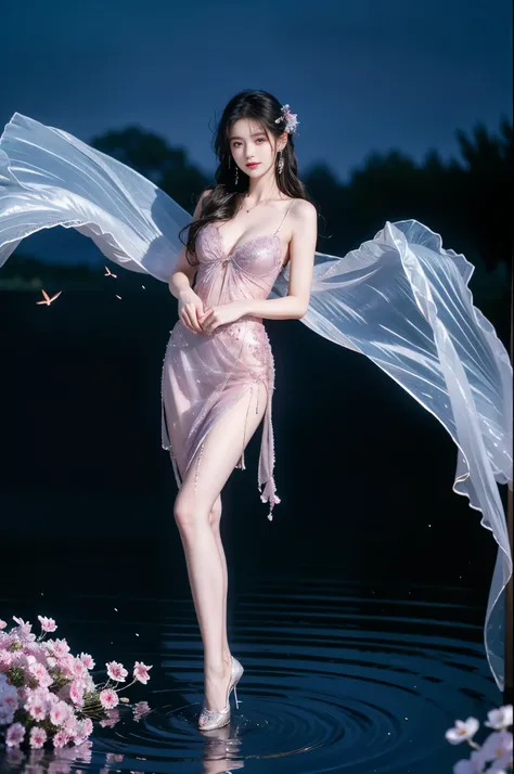 dress,wings,fairy, ,,(knee shot:1.3),  A stunningly beautiful woman standing gracefully,(Night:1.3, moonlight:1.2, fireflies, blue plasma flames),  (elegant standing pose:1.2), (seductive leg pose:1.3), (Full bust, visible cleavage, Very short hemline), na...