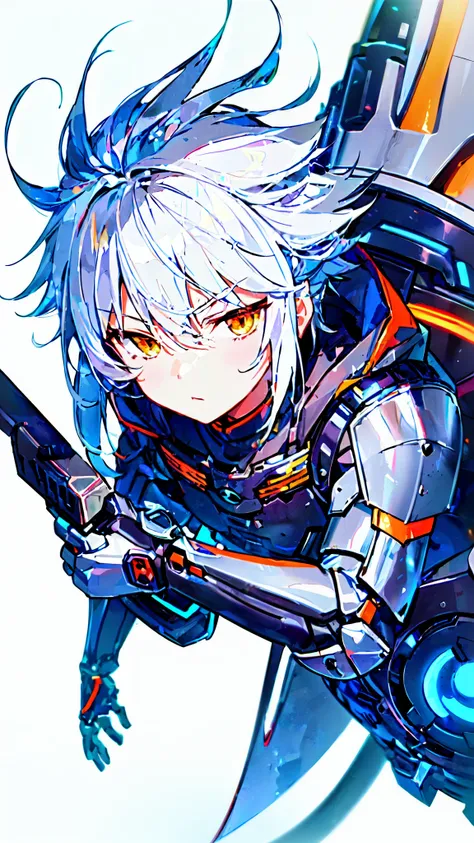 [(WHITE BACKGROUND:1.5),::5], ((masterpiece)), high quality, ultra very high resolution, full color, ((solo)), ((little younger boy)), Black cyborg armor, (assassin armor), ((mechanical tail)), ((men's White hair)), (Orange eyes), anime, (upper body), face...