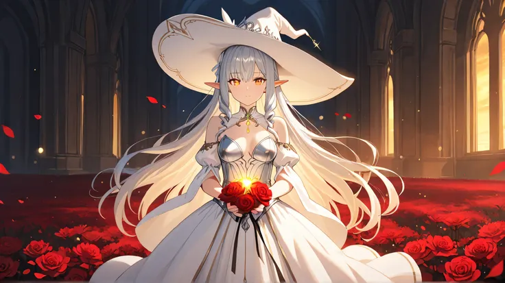Masterpiece, Best Quality, Top Quality, Very Detailed, Beautiful anime elf witch with long flowing silver hair and glowing amber eyes, standing confidently against a dramatic sunset backdrop. She wears a dark, elegant witch hat adorned with red flowers, an...