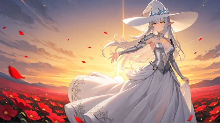 Masterpiece, Best Quality, Top Quality, Very Detailed, Beautiful anime elf witch with long flowing silver hair and glowing amber eyes, standing confidently against a dramatic sunset backdrop. She wears a dark, elegant witch hat adorned with red flowers, an...