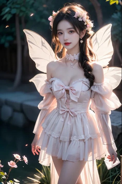 pink dress,pink sleeves, dress bow,layered dress,choker,butterfly wings,hair flower,long dress,  ,,(knee shot:1.3),  A stunningly beautiful woman standing gracefully,(Night:1.3, moonlight:1.2, fireflies, blue plasma flames),  (elegant standing pose:1.2), (...
