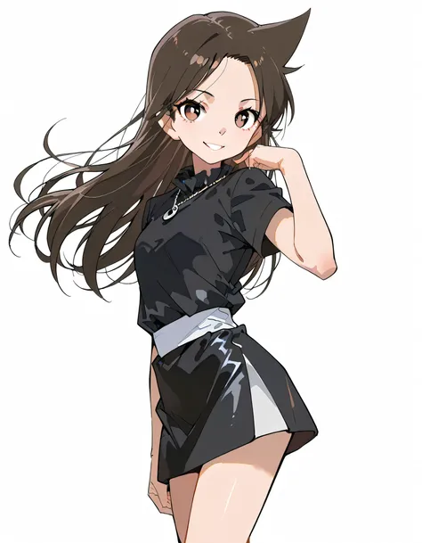 sideview,(dynamic standing pose),looking at viewer:1.3,solo,(brown long hair)+,forehead,natural cosmetic,full lips,brown narrow eyes,simple necklace, (exellent fitting black+ shirt), tight mini skirt,nice legs,smile,soft lineart,(white color background)