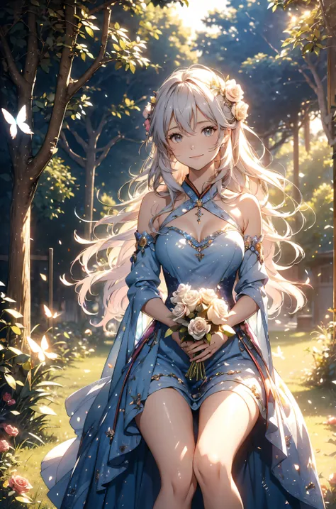 top quality mystical 、(cowboy shot ) Japanese anime character 1 WOMAN cute smile!smile! gentle gaze , beautiful eyes 、、 Chest circumference 130 beautiful beautiful brown skin 、、 music healing simple lawn configuration flower、 Beaut...