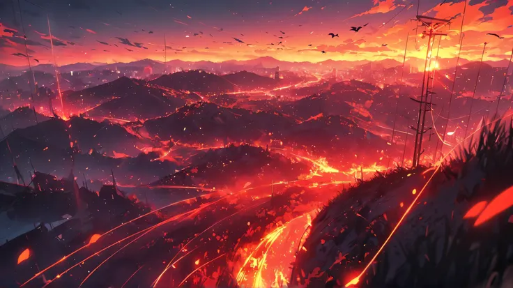 Main character: A girl with long black hair, with a few red streaks, standing in the middle of a desolate landscape. She wears a black outfit with red borders, including a long coat, a short skirt, high socks and dark shoes.
Setting: a rural area near the ...