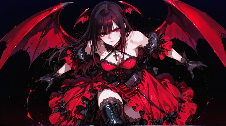A female character wearing a striking, elaborate outfit, set against a dark background. The character is depicted in a fantasy or gothic style, characterized by sharp contrasts, dramatic shadows, and vivid colors. A detailed description is as follows: 1. *...