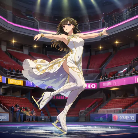 Depict a 20-year-old, stunningly beautiful woman gracefully gliding across the ice in a grand skating arena. She wears an elegant and intricately designed figure skating dress, adorned with shimmering details that reflect the arena lights. Her expression i...