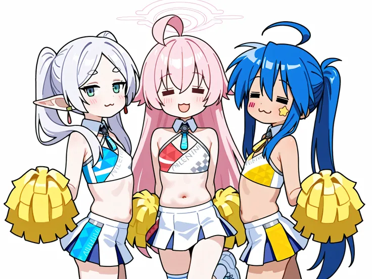 (3girls),(=w=, :3, = =, eyes closed),seductive smile,Izumi Konata,frieren,Takanashi Hoshino\(blue archive)\,twintails, {upper body}, {bishoujo}, small chest, millennium cheerleader outfit (blue archive), knee high socks, white socks, one leg up, standing t...