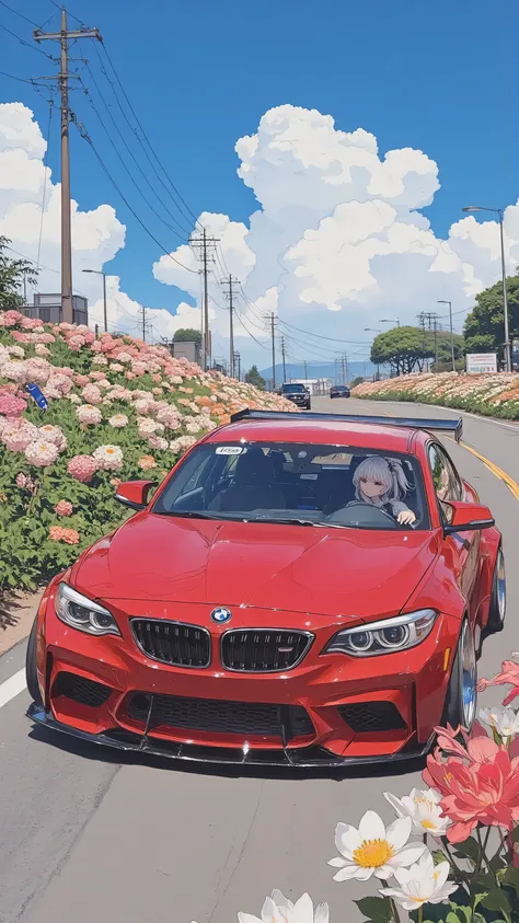 Red BMW 125i modification，wide body and negative wheel base wheels, painting an anime woman，Furina_Genshin，A girl cosplays Funina while sitting in a car and driving，The car is driving on a road full of flowers