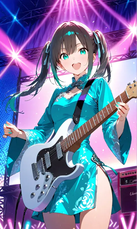 A cowboy shot frames a girl with long black twin-tails tied with ribbons, wearing a teal cheongsam with silver decorations, strumming an electric guitar on a neon-lit concert stage. Glowing penlights from the crowd swirl around her in slow motion as fans c...