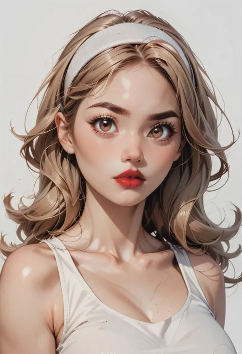 perfect face, straight hair, lightest brown hair, (((white headband))), black eyebrows, thick eyebrows, black eyeliners, big eyes, (((brown eyes))), bright red lips, thick lips, beautiful woman, white tank top, medium breasts