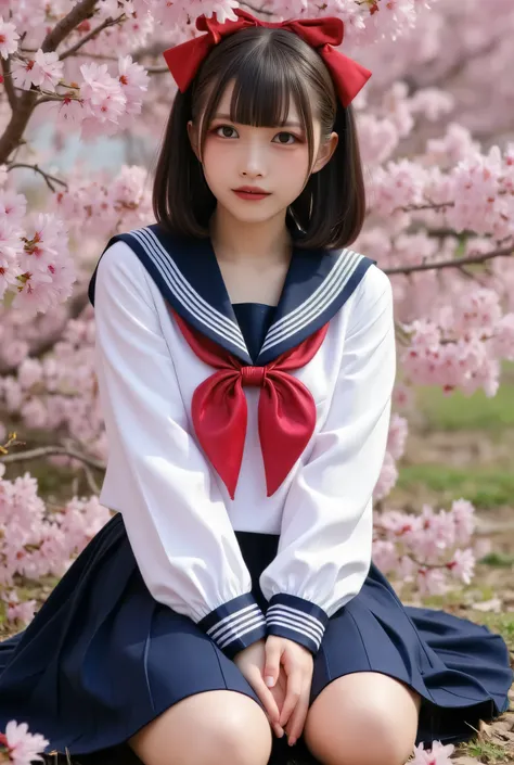  Anatomically accurate 2 arms  ,   a woman with a red bow on her head、wears a white long-sleeved sailor suit with a red ribbon and dark blue skirt,   black hair.,dark eyes, Black hair reaching the shoulders   ,    and laugh while sitting ,   cinematography...