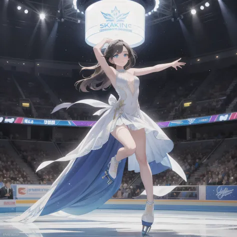 Depict a 20-year-old, stunningly beautiful woman gracefully gliding across the ice in a grand skating arena. She wears an elegant and intricately designed figure skating dress, adorned with shimmering details that reflect the arena lights. Her expression i...