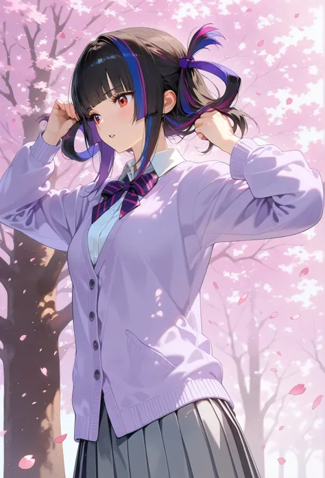 (streaked hair,ruffling hair,cowboyshot,fashion illustration or design reference.
■She is wearing (light purple cardigan-style jacket:1.2) over a white collared shirt and (short pleated light gray skirt.:1.0)
(bow tie:1.1) with dark blue and purple st...