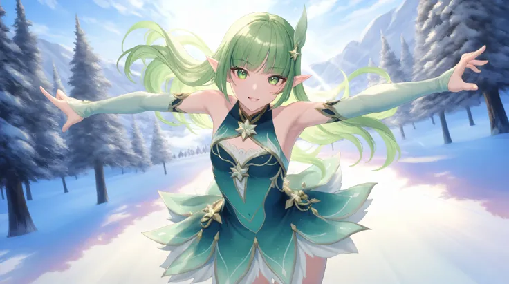 A petite elf girl with vibrant green hair, delicate features, and fair skin stands gracefully. Her pointed ears peek through her soft green hair, emphasizing her enchanting presence. Her gentle expression and slender figure highlight an aura of innocence a...