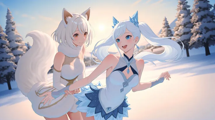A tall anime-style girl with long, flowing white hair and expressive dog ears stands gracefully. Her fluffy tail sways gently behind her, enhancing her charming presence. With her elegant posture and soft, detailed features, she radiates warmth and confide...