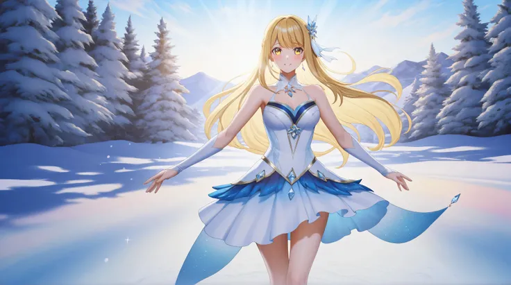 A 15-year-old anime-style girl with bright golden blonde hair. Her youthful face displays an innocent and charming expression, complemented by soft features characteristic of anime art. Her golden hair shines softly, enhancing her lively, youthful appearan...