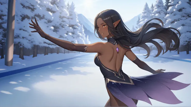 A tall, dark-haired dark elf girl with tanned brown skin and striking amber eyes. Her long black hair cascades elegantly down her back, framing her slender figure. Sharp, pointed ears enhance her mysterious, captivating appearance. She elegantly glides acr...