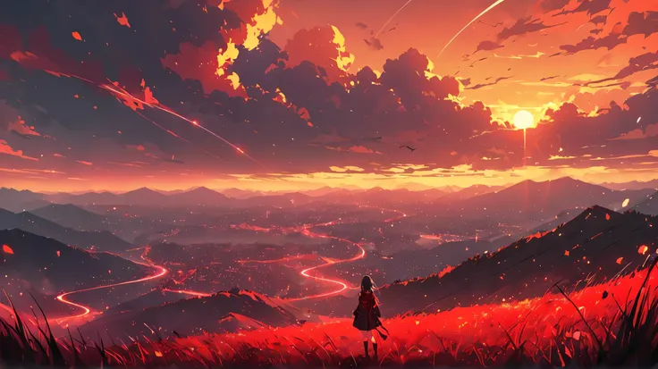 Main character: A girl with long black hair, with a few red streaks, standing in the middle of a desolate landscape. She wears a black outfit with red borders, including a long coat, a short skirt, high socks and dark shoes.
Setting: a rural area near the ...