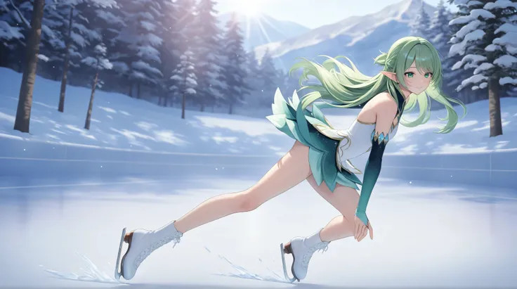 A petite elf girl with vibrant green hair, delicate features, and fair skin stands gracefully. Her pointed ears peek through her soft green hair, emphasizing her enchanting presence. She elegantly glides across a natural outdoor ice rink, dressed in a beau...