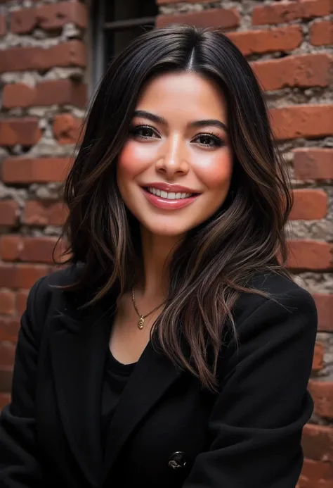 Miranda Cosgrove, extremely detailed, highres, brick wall background, beautiful detailed woman, light on face, looking at viewer, POV, black skirt, black coat, smile, perfect face, solo
