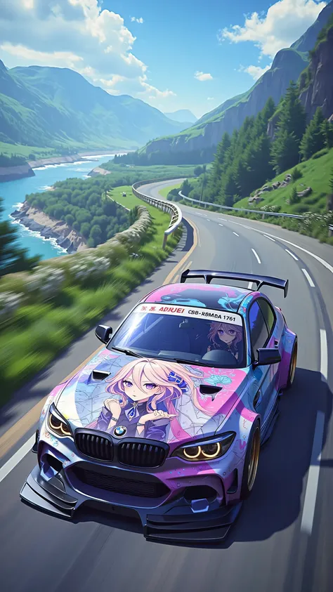 Red BMW 125i modification，wide body and negative wheel base wheels, painting an anime woman，Furina_Genshin，A girl cosplays Funina while sitting in a car and driving，The car is driving on a scenic road