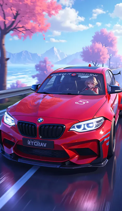 Red BMW 125i modification，wide body and negative wheel base wheels, painting an anime woman，Furina_Genshin，A girl cosplays Funina while sitting in a car and driving，The car is driving on a scenic road，The road is a surreal beauty