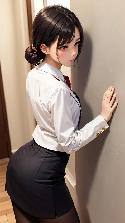 1 girl, solo, chest,  blushes, shortcuts, pantyhose、white lace underwear、skirt、suit、Butt、 place your hands on the wall、skirt