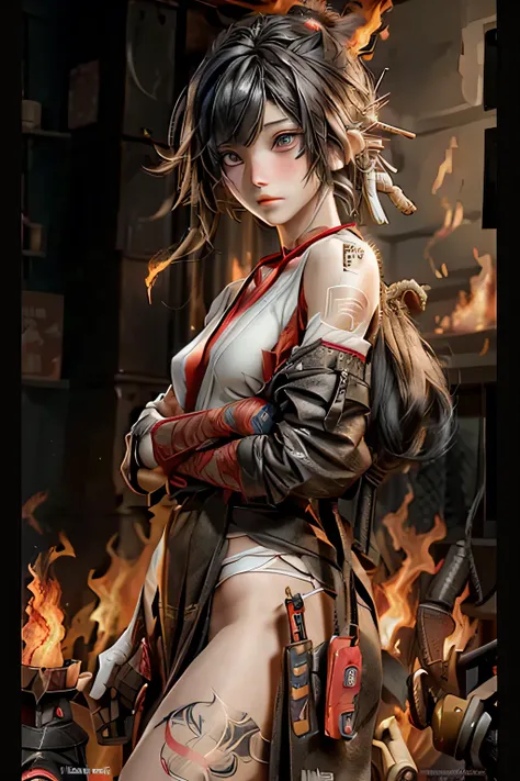 bandaged arms, behind 、 lots of flames