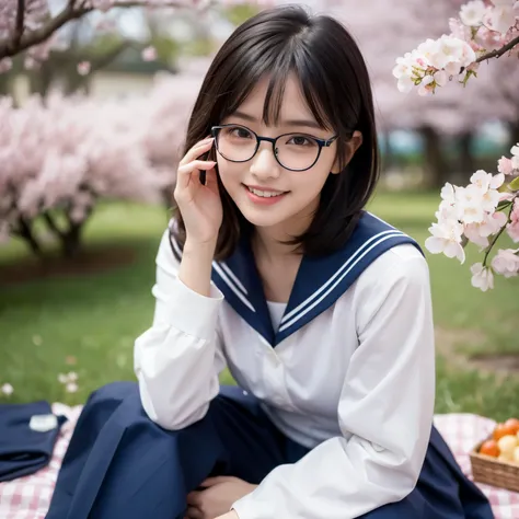 ((navy blue sailor suit))、( white ribbon on the chest)、(pleated skirt)、high school girls、(sitting on picnic sheet)、Japanese、(idol bending over)、((8k))、(Cherry blossom viewing under a cherry tree)、Sunny Day、 light in the eye 、 hairstyle is short bob、 black ...