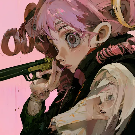 1 girl, alone,Pink hair, drill hair, colored eyes, jewelry, gun black jacket, close shot 
