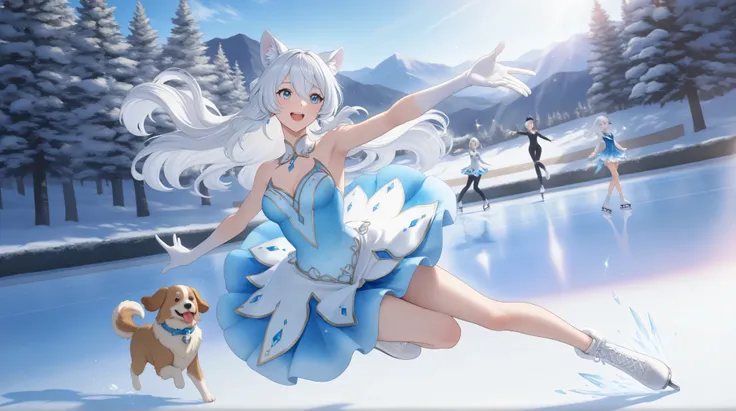 A tall anime-style girl with long, flowing white hair and expressive dog ears stands gracefully. She elegantly glides across a natural outdoor ice rink, dressed in a beautiful figure skater costume. Her graceful movements convey elegance and skill as she p...