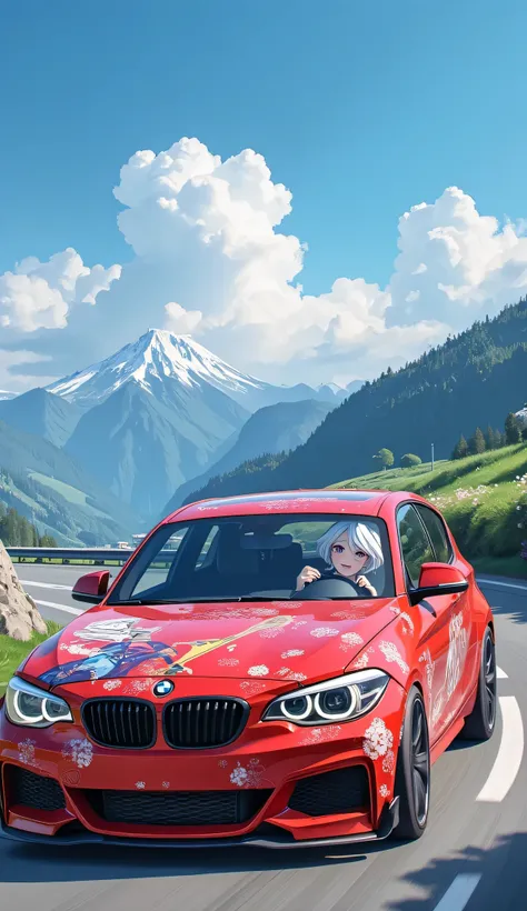 Red BMW 125i modification,wide body and negative wheel base wheels, Anime girl Furina drawn on the car body_Genshin's patterns,A girl cosplays Funina while sitting in a car and driving,The car is driving on a scenic road