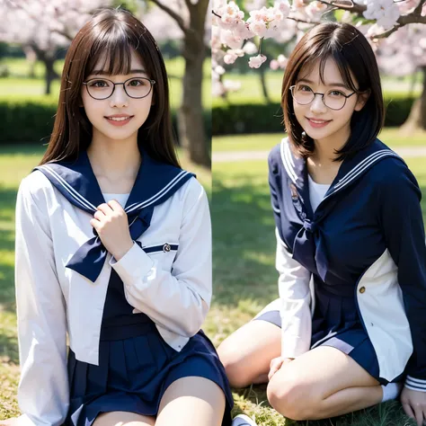 ((navy blue sailor suit))、( white ribbon on the chest)、(pleated skirt)、high school girls、(sitting on picnic sheet)、Japanese、(idol bending over)、((8k))、(Cherry blossom viewing under a cherry tree)、Sunny Day、 light in the eye 、 hairstyle is short bob、 black ...
