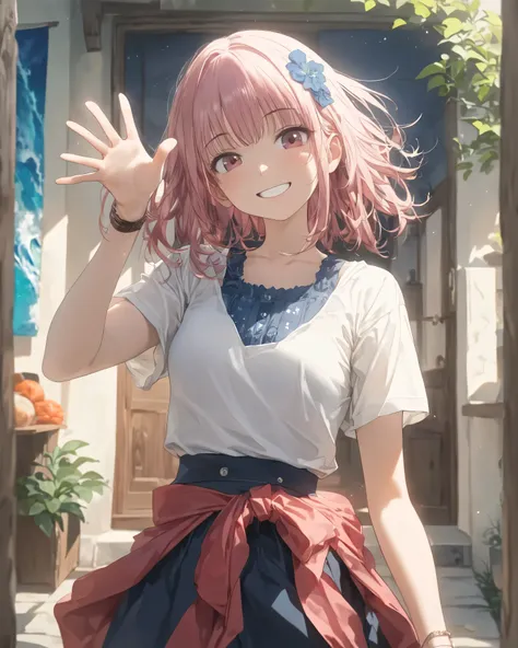 Western-style house、In front of the entrance、Girl Who Jumped Out、((waves:1.3))、Energetic、Shibuya girls、Devilish、Clear skies、masterpiece, anatomically correct, accurate, Multiple award-winning, highest quality, Details, High details, ((leeveless:1.3))、(mast...