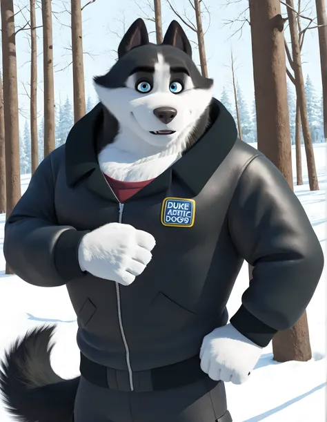 Duke (Arctic Dogs), anthro dog, black fur, white fur, male, blue eyes, black jacket, high quality, half body, standing, looking at viewer, solo, winter background