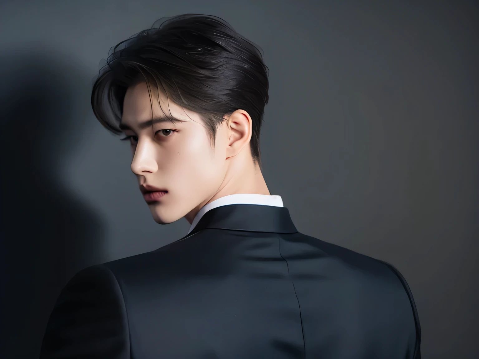 20 year old man, Very handsome , Turn away, walk away., of Korean series stars, White skin, handsome, classic side part hairstyle, Masterpiece Pose, best quality, a man, confident posture, Detailed image, clear, Shiny, Very handsome , half body model, Col...