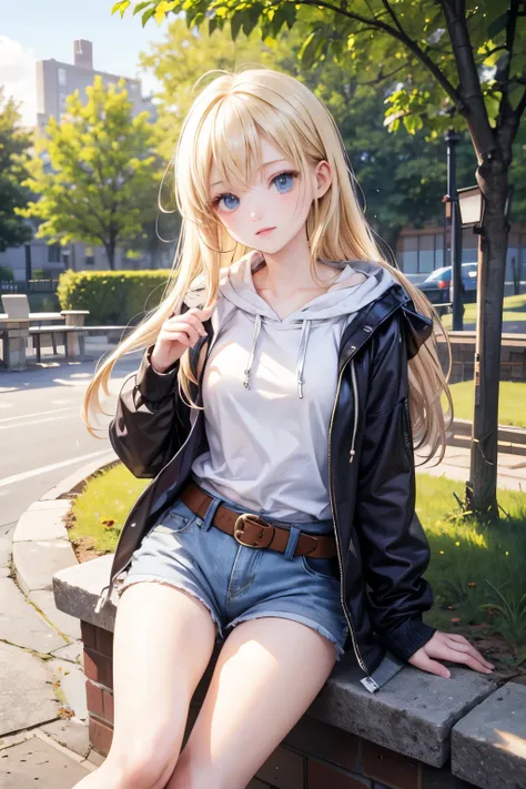 masterpiece,top quality,very detailed,photorealistic,realistic, ULTRA HIGH RESOLUTION, Masterpiece,pretty girl,elegant,Age 15,very long blonde,skinny,Completely,slender,(smaller breasts),so cute,hoodie,hotpants,belt,over knee socks,Giant Tree,Muimori, corr...