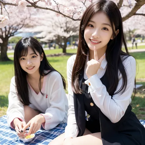 (( dress))、、(sitting on picnic sheet)、Japanese、(idol bending over)、((8k))、(Cherry blossom viewing under a cherry tree)、Sunny Day、 light in the eye 、long hair per person、 black hair、smile、 Long Sleeve、((Full Body))、 Delicate Girl、sophisticated vibe、delicate...