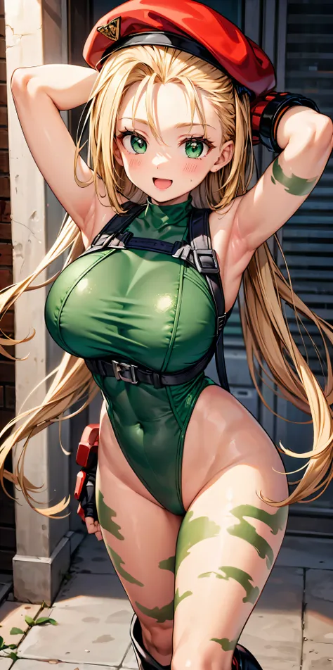 masterpiece、 high image quality、smiles、open mouth、(blonde long hair)、(standing:1.5、hands behind head:1.3、Big Breasts、SFW Giant Body)、 blue eyes、cammy white, long hair, blonde hair,  beret , (red headwear:1.3), large breasts, ( green leotard :1.5),harness b...