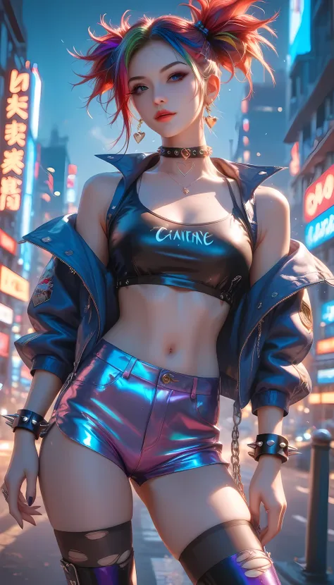 (((Best quality, 8k, Masterpiece: 1.3)), ((best quality)), ((masterpiece)), (detailed), perfect face, perfect body, (detailed skin:1.3), (intricate details), A rising punk rock star radiating fierce confidence, standing atop a neon-lit city rooftop at nigh...