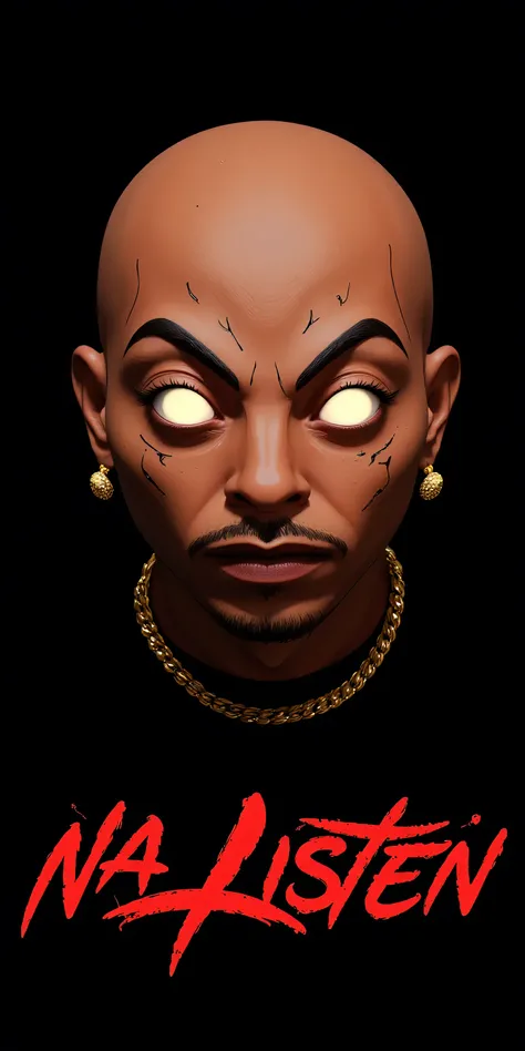 2D Character Nztykle Logo bold text that say “ Na Listen "::5.6 type glyphs and swooshes diamonds rubies and gems::6.8 Minneapolis Minnesota cityscape 🌆 colors red and orange, 3D animated Bald Character Nztykle Male, Ultra realistic full body shot of the r...