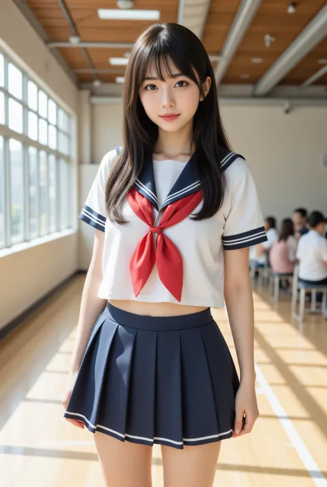 japanese cute idol, Japanese cute girl, kawaii, a beautiful young girl dressed up as a sailor girl standing in the school gym strage room, 1girl, solo, school uniform, serafuku, skirt, black hair, long hair, looking at viewer, socks, masterpiece, best qua...