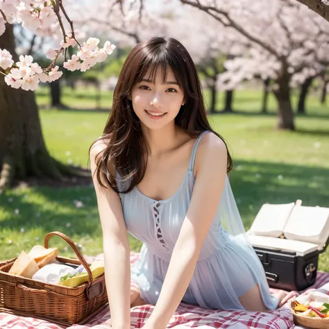 ((sheer one-piece dress))、、(sitting on picnic sheet)、日Books人、(idol bending over)、((8k))、(Cherry blossom viewing under a cherry tree)、Sunny Day、 light in the eye 、long hair per person、茶色い髪、smile、sleeveless、((Full Body))、 Delicate Girl、sophisticated vibe、del...
