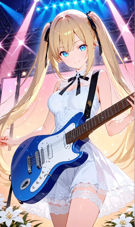 A cowboy shot showcases a masterpiece of supreme quality with a white theme (1.3) in pastel tones: a blonde girl with long twin-tails secured by black ribbons stands on a live concert stage, her sheer frilled white dress radiant under soft lens flares and ...